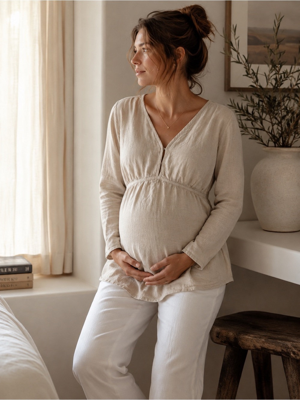 Linen Maternity V-Neck Long Sleeve Top in Beige- Medium